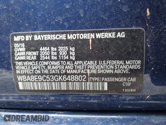 2016 BMW 3 Series 328i with VIN WBA8E9C53GK648802, listed as a IAAI auction lot 41991374 with 104,824 mi miles and . Bid and sale history available at DreamBid. Image 9.