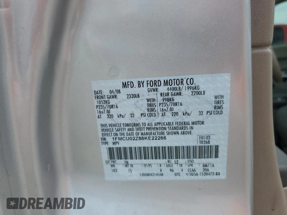 2008 Ford Escape XLS with VIN 1FMCU02Z88KE22266, listed as a Copart auction lot 63067385 with 214,026 mi miles and Salvage title. Bid and sale history available at DreamBid. Image 12.