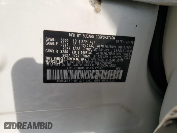 2019 Subaru Ascent Limited with VIN 4S4WMALD5K3412107, listed as a Copart auction lot 55055005 with 112,555 mi miles and Clean title. Bid and sale history available at DreamBid. Image 13.
