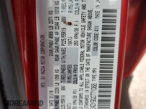2016 Mazda CX-5 Grand Touring with VIN JM3KE4DY9G0771088, listed as a Copart auction lot 50615495 with 93,221 mi miles and Salvage Title. Bid and sale history available at DreamBid. Image 13.