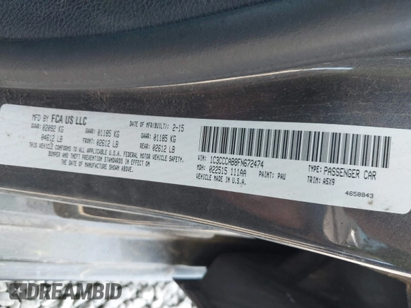 2015 Chrysler 200 Limited with VIN 1C3CCCAB8FN672474, listed as a IAAI auction lot 39805880 with 159,072 mi miles and . Bid and sale history available at carsss.com. Image 9.