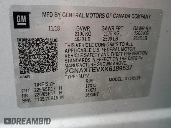 2019 Chevrolet Equinox LT with VIN 2GNAXTEVXK6189537, listed as a Copart auction lot 52856825 with 112,101 mi miles and Salvage title. Bid and sale history available at DreamBid. Image 15.