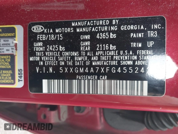 2015 Kia Optima LX with VIN 5XXGM4A7XFG455242, listed as a IAAI auction lot 42501654 with 139,209 mi miles and . Bid and sale history available at DreamBid. Image 9.