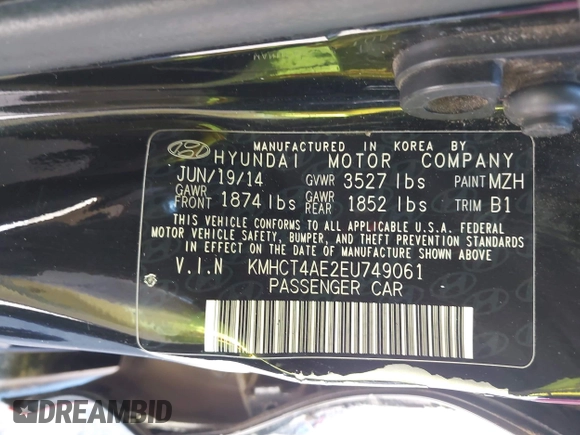 2014 Hyundai Accent GLS with VIN KMHCT4AE2EU749061, listed as a IAAI auction lot 42017566 with 93,929 mi miles. Bid and sale history available at carsss.com. Image 9.