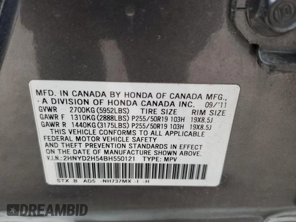 2011 Acura MDX Advance with VIN 2HNYD2H54BH550121, listed as a Copart auction lot 53940725 with 182,439 mi miles and Salvage title. Bid and sale history available at DreamBid. Image 13.