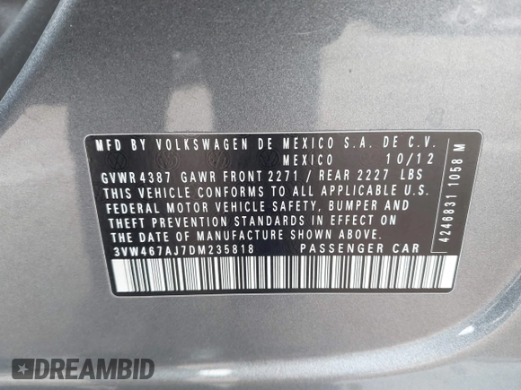 2013 Volkswagen Jetta GLI Autobahn with VIN 3VW467AJ7DM235818, listed as a IAAI auction lot 41061837 with 157,507 mi miles and . Bid and sale history available at DreamBid. Image 9.