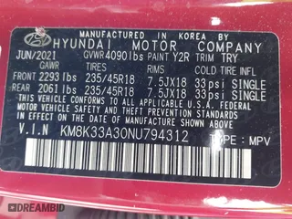2022 Hyundai Kona N Line with VIN KM8K33A30NU794312, listed as a IAAI auction lot 41875100 with 21,880 mi miles. Bid and sale history available at carsss.com. Image 9.