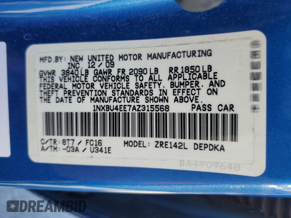 2010 Toyota Corolla with VIN 1NXBU4EE7AZ315568, listed as a Copart auction lot 49938905 with 164,492 mi miles and Salvage Title. Bid and sale history available at carsss.com. Image 12.