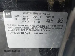 2017 Chevrolet Impala LT with VIN 1G1105S30HU191411, listed as a IAAI auction lot 42391385 with 196,115 mi miles and . Bid and sale history available at DreamBid. Image 9.
