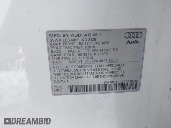 2012 Audi Q7 3.0T S line with VIN WA1DGAFE8CD010319, listed as a IAAI auction lot 41649288 with 148,379 mi miles. Bid and sale history available at carsss.com. Image 9.