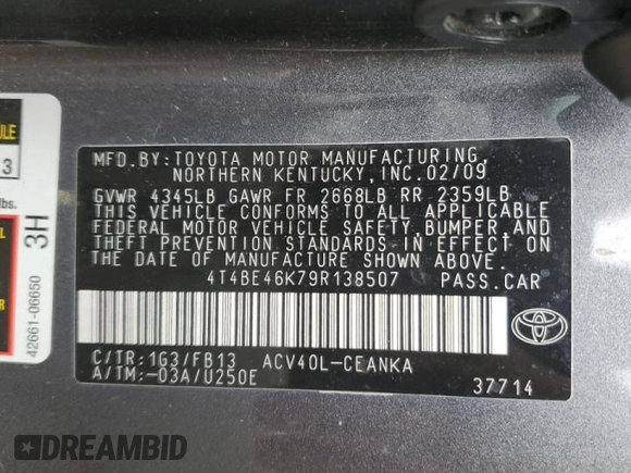 2009 Toyota Camry with VIN 4T4BE46K79R138507, listed as a Copart auction lot 51331845 with 153,358 mi miles and Salvage Title. Bid and sale history available at DreamBid. Image 12.