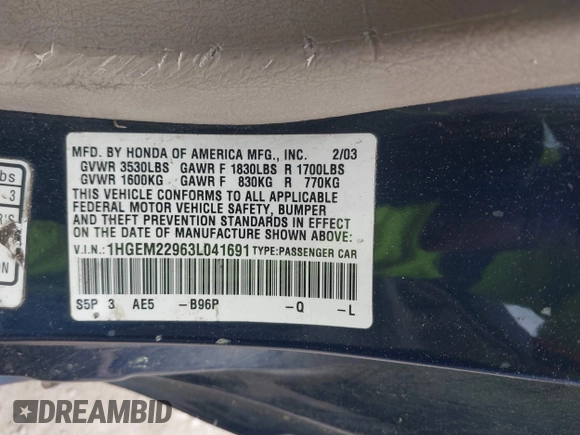 2003 Honda Civic EX with VIN 1HGEM22963L041691, listed as a IAAI auction lot 42205693 with 234,582 mi miles and . Bid and sale history available at DreamBid. Image 9.