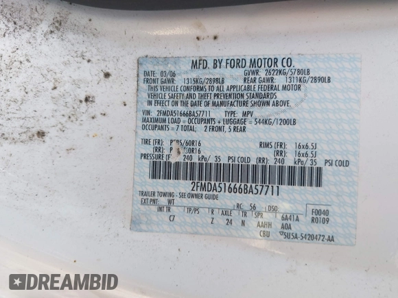 2006 Ford Freestar SE z VIN 2FMDA51666BA57711, wystawiony jako IAAI lot #39989040 z przebiegiem Nie podano mil oraz . Historia ofert i sprzedaży dostępna na DreamBid. Obrazek 9.