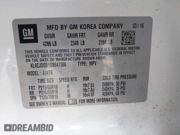 2016 Buick Encore Premium with VIN KL4CJDSB1GB647306, listed as a IAAI auction lot 41983159 with 59,592 mi miles. Bid and sale history available at carsss.com. Image 9.