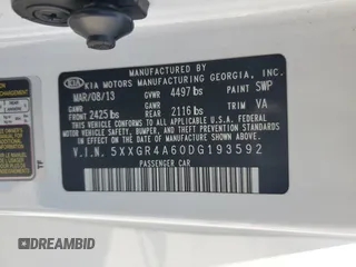 2013 Kia Optima SX z VIN 5XXGR4A60DG193592, wystawiony jako Copart lot #61274435 z przebiegiem 108 251 mil mil oraz Szkoda całkowita • Salvage title. Historia ofert i sprzedaży dostępna na DreamBid. Obrazek 13.