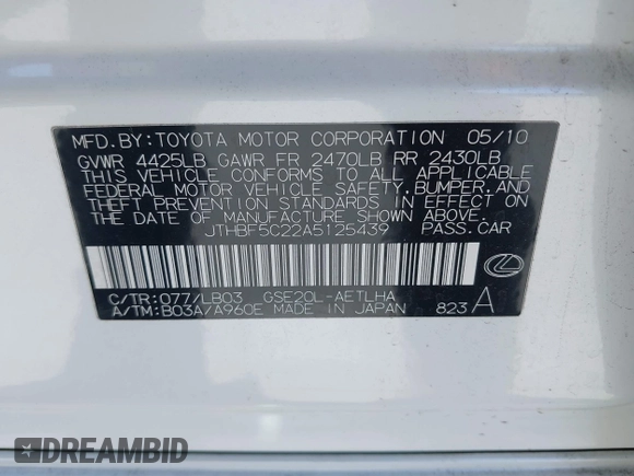 2010 Lexus IS 250 with VIN JTHBF5C22A5125439, listed as a IAAI auction lot 42346132 with 226,500 mi miles and . Bid and sale history available at DreamBid. Image 9.