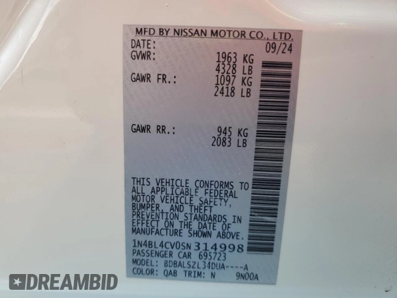 2025 Nissan Altima SR with VIN 1N4BL4CV0SN314998, listed as a Copart auction lot 54365285 with 19,158 mi miles and Non Repairable. Bid and sale history available at DreamBid. Image 12.