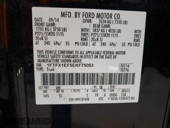 2014 Ford F-150 XL with VIN 1FTFX1EF5EKF75053, listed as a Copart auction lot 87941945 with 102,526 mi miles and Salvage Title. Bid and sale history available at DreamBid. Image 13.