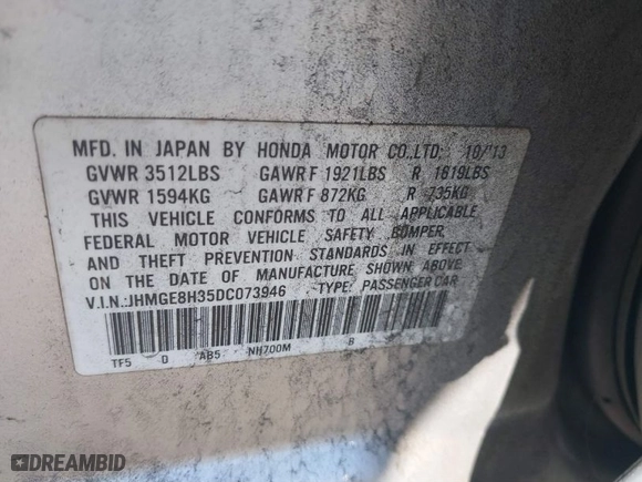 2013 Honda Fit with VIN JHMGE8H35DC073946, listed as a IAAI auction lot 41834130 with 173,018 mi miles. Bid and sale history available at carsss.com. Image 8.