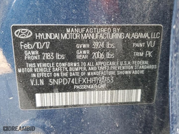 2017 Hyundai Elantra SE with VIN 5NPD74LFXHH191753, listed as a Copart auction lot 63294494 with 150,330 mi miles and Salvage Title. Bid and sale history available at carsss.com. Image 12.