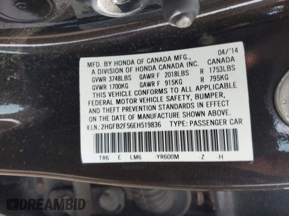 2014 Honda Civic Sedan LX with VIN 2HGFB2F56EH519836, listed as a IAAI auction lot 42109040 with 134,873 mi miles. Bid and sale history available at carsss.com. Image 9.
