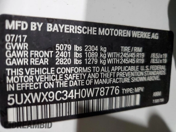 2017 BMW X3 xDrive28i with VIN 5UXWX9C34H0W78776, listed as a Copart auction lot 49159505 with 107,591 mi miles and Salvage Title. Bid and sale history available at DreamBid. Image 14.