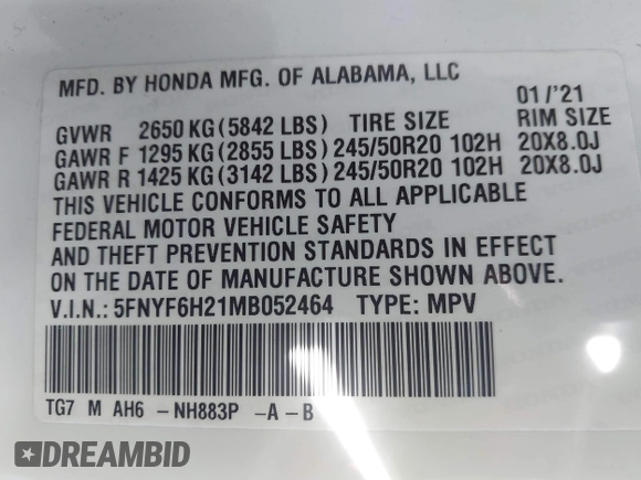 2021 Honda Pilot Special Edition with VIN 5FNYF6H21MB052464, listed as a IAAI auction lot 41742801 with 69,790 mi miles. Bid and sale history available at carsss.com. Image 9.