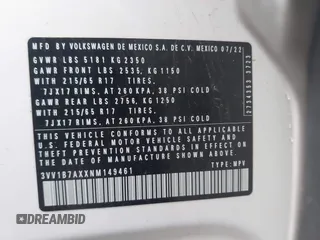 2022 Volkswagen Tiguan S z VIN 3VV1B7AXXNM149461, wystawiony jako IAAI lot #41746132 z przebiegiem 22 832 mil mil oraz . Historia ofert i sprzedaży dostępna na DreamBid. Obrazek 9.