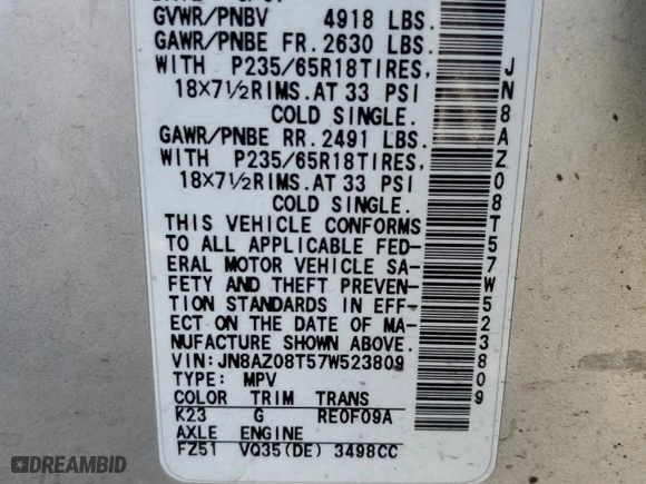 2007 Nissan Murano SL with VIN JN8AZ08T57W523809, listed as a Copart auction lot 70713954 with 231,410 mi miles and Clean Title. Bid and sale history available at carsss.com. Image 13.
