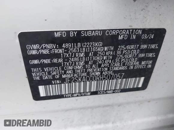 2024 Subaru Forester Premium with VIN JF2SKACC0RH507057, listed as a IAAI auction lot 41062991 with 9,597 mi miles. Bid and sale history available at carsss.com. Image 9.