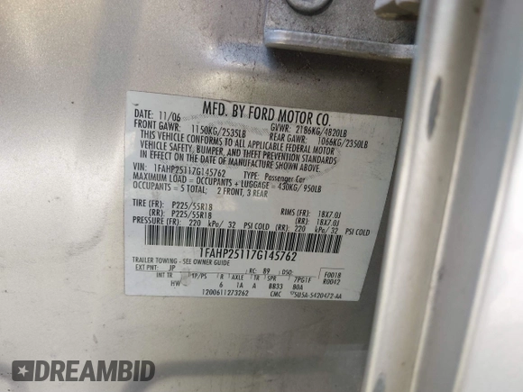2007 Ford Five Hundred Limited with VIN 1FAHP25117G145762, listed as a IAAI auction lot 41884378 with Not provided miles and . Bid and sale history available at DreamBid. Image 9.