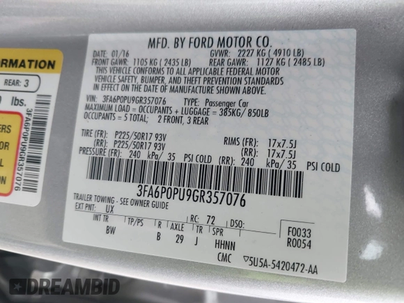 2016 Ford Fusion Energi SE Luxury with VIN 3FA6P0PU9GR357076, listed as a IAAI auction lot 42081615 with 174,234 mi miles. Bid and sale history available at carsss.com. Image 9.