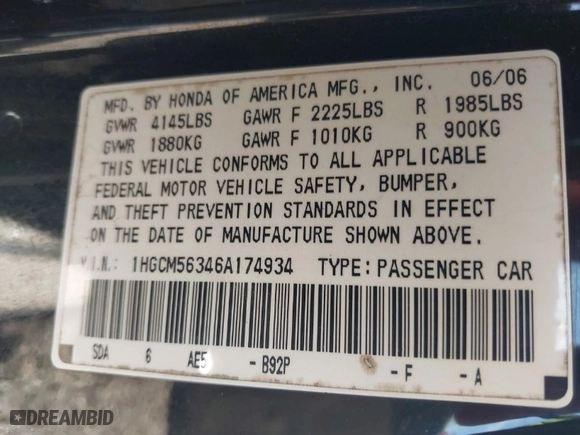 2006 Honda Accord Sdn LX SE with VIN 1HGCM56346A174934, listed as a IAAI auction lot 41812330 with 214311 miles. Bid and sale history available at carsss.com. Image 9.
