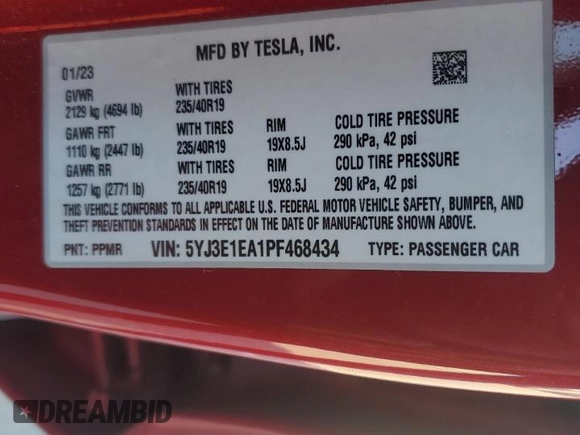 2023 Tesla Model 3 with VIN 5YJ3E1EA1PF468434, listed as a Copart auction lot 74127924 with Not provided miles and Salvage title. Bid and sale history available at DreamBid. Image 14.