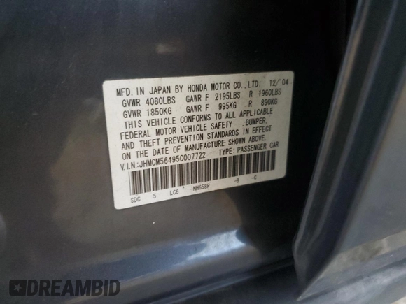 2005 Honda Accord LX with VIN JHMCM56495C007722, listed as a Copart auction lot 65002375 with 283,284 mi miles and Salvage title. Bid and sale history available at DreamBid. Image 12.