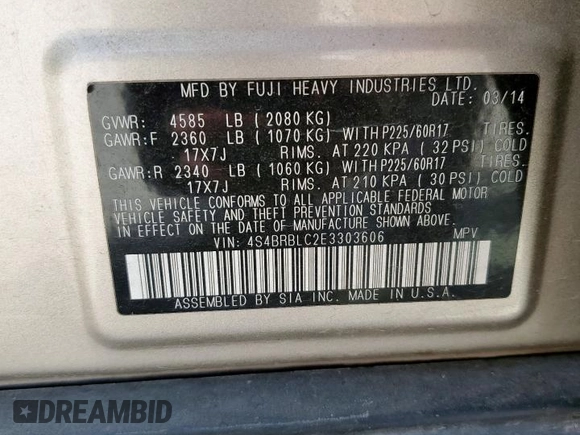 2014 Subaru Outback Limited with VIN 4S4BRBLC2E3303606, listed as a Copart auction lot 61862815 with 74,365 mi miles and Clean title. Bid and sale history available at DreamBid. Image 13.