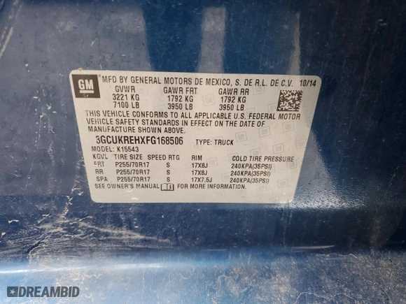 2015 Chevrolet Silverado 1500 LT with VIN 3GCUKREHXFG168506, listed as a Copart auction lot 46113595 with 139,871 mi miles and Salvage Title. Bid and sale history available at carsss.com. Image 14.