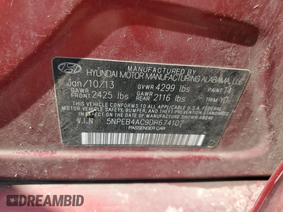 2013 Hyundai Sonata GLS with VIN 5NPEB4AC9DH674107, listed as a Copart auction lot 55487335 with 150,210 mi miles and Salvage title. Bid and sale history available at DreamBid. Image 13.