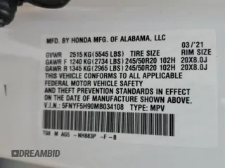 2021 Honda Pilot Touring 8-Passenger with VIN 5FNYF5H90MB034108, listed as a Copart auction lot 44009995 with 40,277 mi miles and Salvage Title. Bid and sale history available at DreamBid. Image 14.