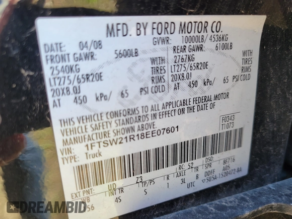 2008 Ford F-250 XL with VIN 1FTSW21R18EE07601, listed as a IAAI auction lot 41682833 with Not provided miles and . Bid and sale history available at DreamBid. Image 9.