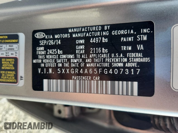 2015 Kia Optima SX Turbo with VIN 5XXGR4A65FG407317, listed as a Copart auction lot 62921025 with 68,501 mi miles and Clean title. Bid and sale history available at DreamBid. Image 12.