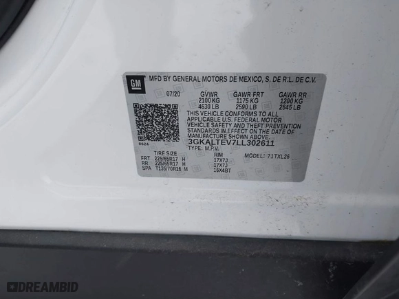 2020 GMC Terrain SLE with VIN 3GKALTEV7LL302611, listed as a IAAI auction lot 41353562 with 50,634 mi miles. Bid and sale history available at carsss.com. Image 9.