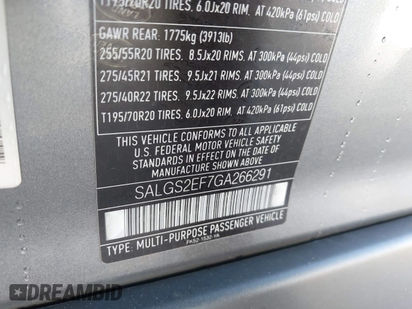 2016 Land Rover Range Rover Supercharged with VIN SALGS2EF7GA266291, listed as a IAAI auction lot 41992953 with 69,722 mi miles and . Bid and sale history available at DreamBid. Image 9.
