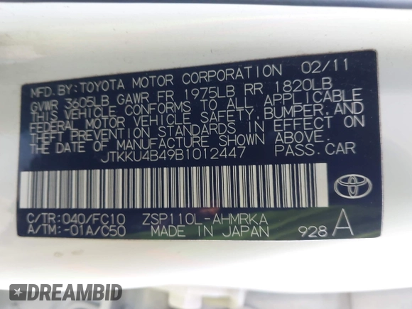 2011 Scion xD with VIN JTKKU4B49B1012447, listed as a IAAI auction lot 42026584 with 223,863 mi miles. Bid and sale history available at carsss.com. Image 9.