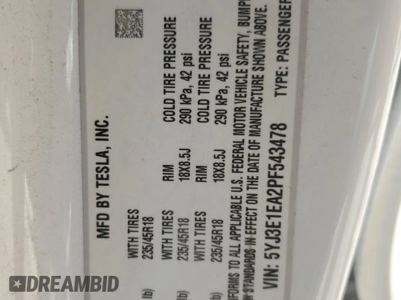 2023 Tesla Model 3 с VIN 5YJ3E1EA2PF543478, выставлен на аукционе Copart как лот 54788625 с пробегом 54 007 миль миль и Списание • Salvage title. История ставок и продаж доступна на DreamBid. Изображение 12.
