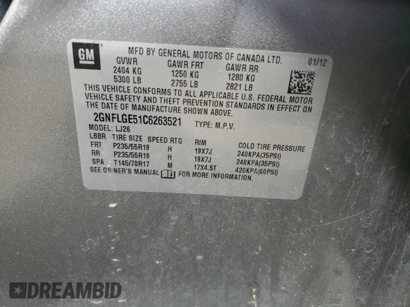 2012 Chevrolet Equinox LTZ with VIN 2GNFLGE51C6263521, listed as a Copart auction lot 54186885 with 161,840 mi miles and Salvage Title. Bid and sale history available at carsss.com. Image 13.