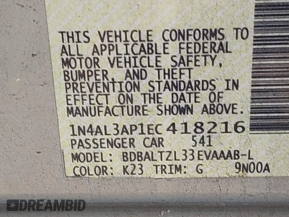 2014 Nissan Altima 2.5 S with VIN 1N4AL3AP1EC418216, listed as a IAAI auction lot 41935561 with 124,488 mi miles. Bid and sale history available at carsss.com. Image 9.