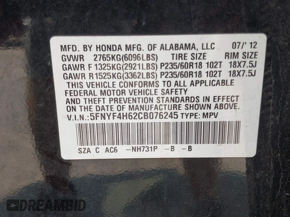 2012 Honda Pilot EX-L с VIN 5FNYF4H62CB076245, выставлен на аукционе IAAI как лот 42390555 с пробегом 209 797 миль миль и . История ставок и продаж доступна на DreamBid. Изображение 9.