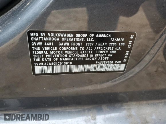 2019 Volkswagen Passat Wolfsburg Edition z VIN 1VWLA7A30KC013616, wystawiony jako Copart lot #46643715 z przebiegiem 47 073 mil mil oraz Szkoda całkowita • Salvage title. Historia ofert i sprzedaży dostępna na DreamBid. Obrazek 14.