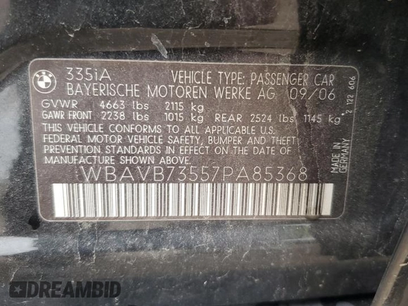 2007 BMW 3 Series 335i z VIN WBAVB73557PA85368, wystawiony jako Copart lot #58534205 z przebiegiem Nie podano mil oraz Szkoda całkowita • Salvage title. Historia ofert i sprzedaży dostępna na DreamBid. Obrazek 12.
